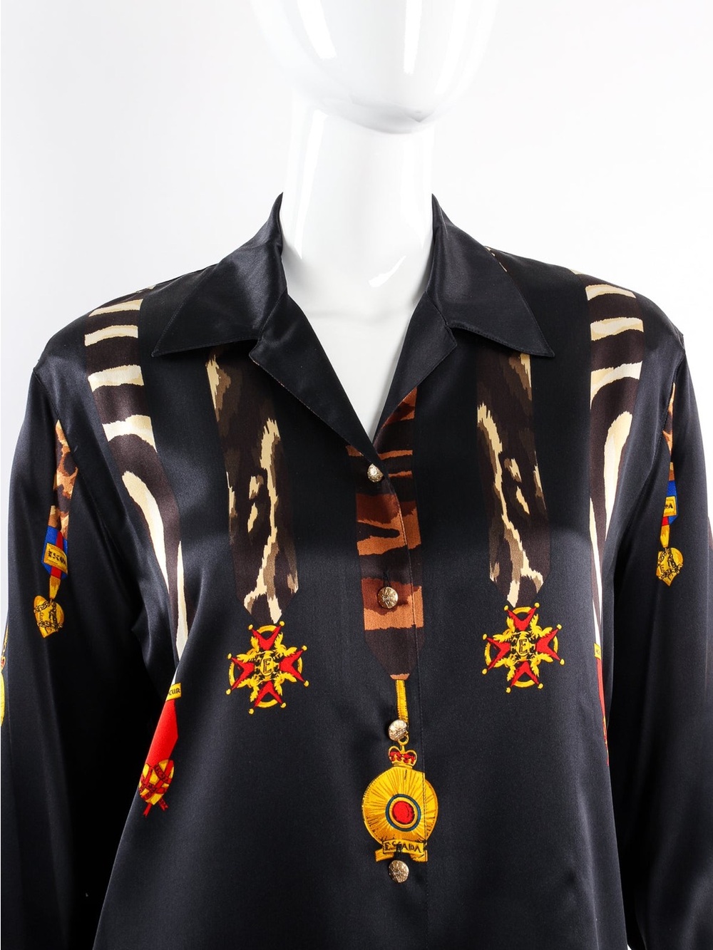 Silk-Feel Black Button-Up Shirt with Red & Yellow Medallion Print